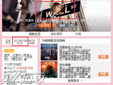 杨紫微博粉丝多少万